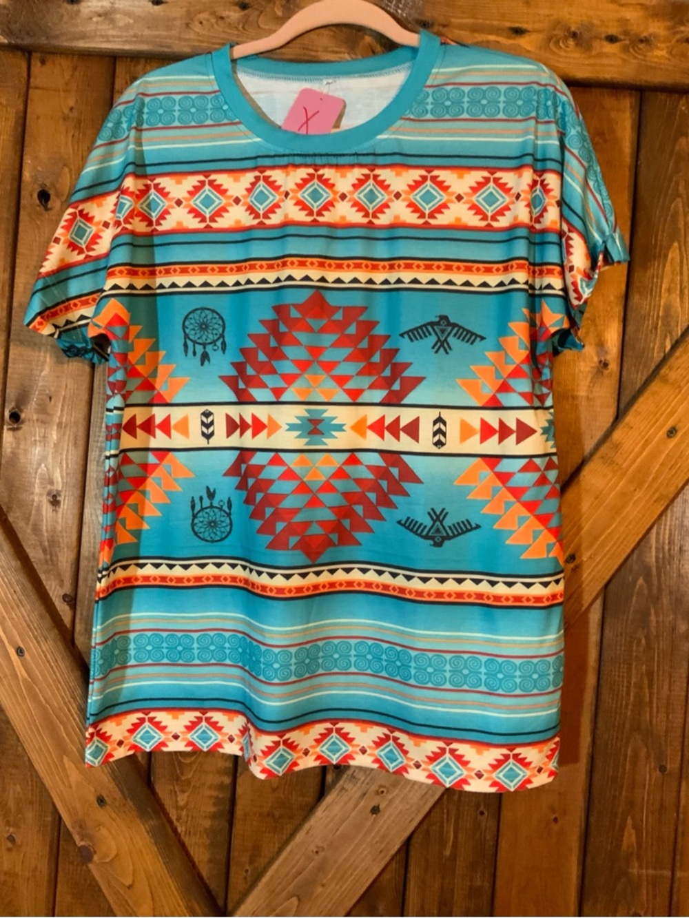 Turquoise Aztec Print Tee with Coral & Cream Accents